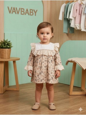Vavbaby Kız Bebek Fisto Yaka Detaylı Uzun Kollu Dantelli Gül Desenli Vintage Elbise