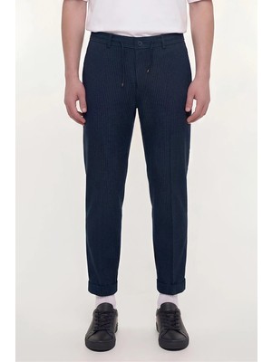 Giotelli Erkek Lacivert Dar Kesim Slim Fit Dokuma Yan Cep Lastikli Bel Pantolon
