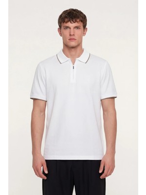 Sabri Özel Erkek Beyaz Normal Kesim Regular Fit %100 Pamuk Pike Fermuarlı Polo Yaka Tişört