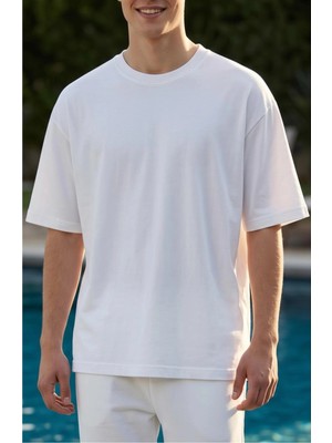 Etifa Tekstil Oversize Tişört Unisex %100 Pamuk 200 gr Kalın Kumaş Basic Bol Kesim T Shirt Beyaz