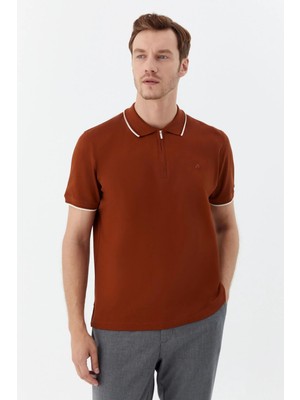 Sabri Özel Fermuarlı Polo Yakak Pike Erkek T-Shirt Kahve