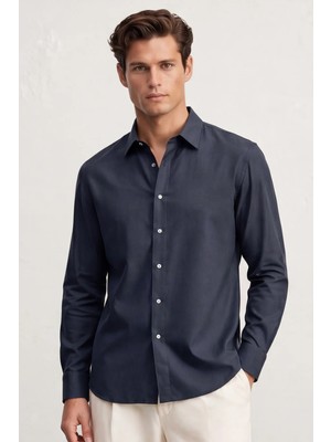 Sabri Özel Erkek Lacivert Normal Kesim Regular Fit %100 Pamuk Gabardin Uzun Kollu Klasik Yaka Gömlek