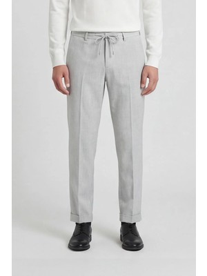 Giotelli Erkek Açık Gri Dar Kesim Slim Fit Viskon Dokuma Yan Cep Bağcıklı Bel Pantolon