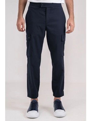 Giotelli Erkek Lacivert Dar Kesim Slim Fit Viskon Dokuma Kargo Cep Normal Bel Pantolon