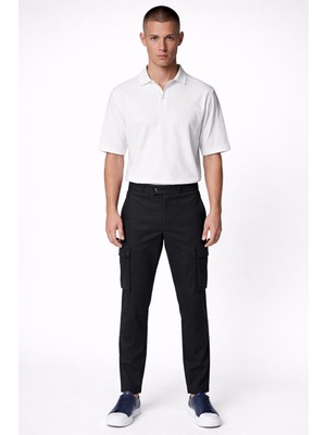 Giotelli Erkek Siyah Dar Kesim Slim Fit Viskon Dokuma Kargo Cep Normal Bel Pantolon