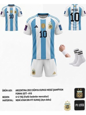 Arjantin Lionel Messi Beyaz Şort Dünya Kupası Finali Çocuk Forma Takımı 4 Parça Çorap+Bileklik Hediye