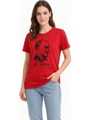 Mevese Echo Kadın Atatürk Baskılı Tişört Kısa Kollu Bisiklet Yaka T-Shirt - Kırmızı