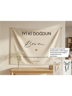 ZENkora 70X100 Kişiye Özel Doğum Günü Duvar Örtüsü Birinci Kalite Kumaş 70X100 (10 Adet Tasarım Peçete Hedıye)