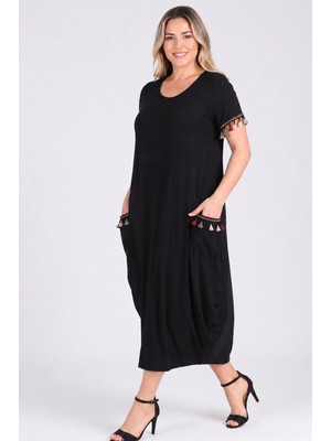 Curvy Trend Büyük Beden Kolucu ve Cep Püsküllü Baseni Geniş Kısa Kol Elbise