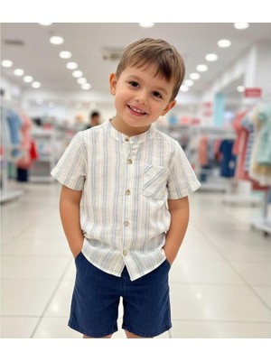 Mutlu Bebe Bulvar Erkek Çocuk %100 Pamuklu  Çizgili Kısa Kollu Gömlek ve Kot Şort Takım Bayramlık Yazlık 2’li Set Rahat Şık Kombin