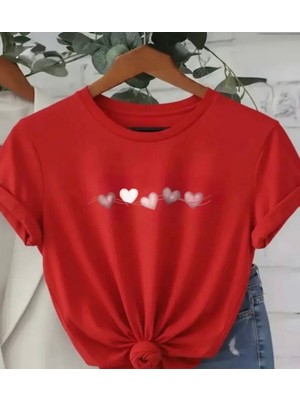 Nigrum Pardus Nıgrum Pardus Yuvarlak Yaka Minik Sıralı Kalpler Baskılı %100 Pamuk Büyük Beden Kadın T-Shirt