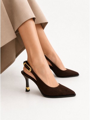 papucumun dünyası Siyah Slingback Sivri Burun Topukta Gold Metal Detaylı Ayarlanabilir Arka Tokalı Stiletto