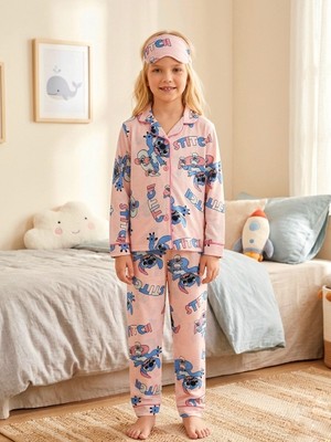 Enie Kız Çocuk Pembe Karakter Desenli 4 Mevsim Göz Bantlı Pijama Takımı