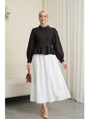 Moda Morfo Taşlı Düğmeli Volan Detaylı Modal Gömlek Bluz -K. Kahve