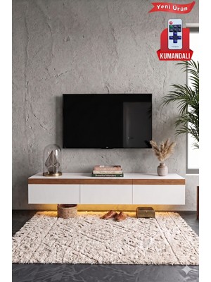 PlatinReyon Pureline Tech LED Işıklı Tv Ünitesi 180 cm - Modern Tv Sehpası - Beyaz