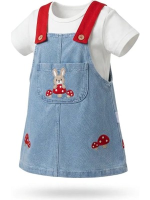 Mutlu Bebe Bulvar Kız Bebek %100 Pamuklu Kot Jile Elbise & Tişört Takım Tavşan Nakışlı Askılı Jean Elbise 2’li Set