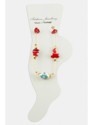 Adata Jewelry Doğal Taşlı Nazar Boncuğu Model Halhal Kırmızı 22 cm