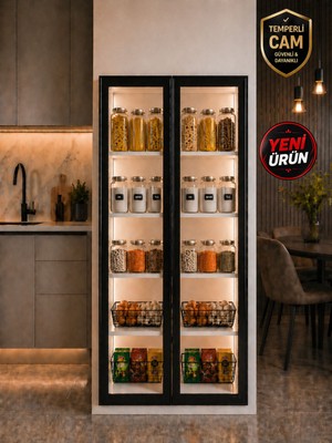 Bayramoğlu Mobilya Emperli Cam Kapaklı Erzak Dolabı | Modern Kiler Dolabı | Çok Raflı Mutfak Organizer | Ledli Vitrin Dolabı | Modern Kitaplık 180X70X40