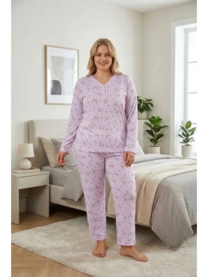 Temporium Kadın Büyük Beden Desenli Yakası Düğmeli Uzun Kollu Bambu Pijama Takımı