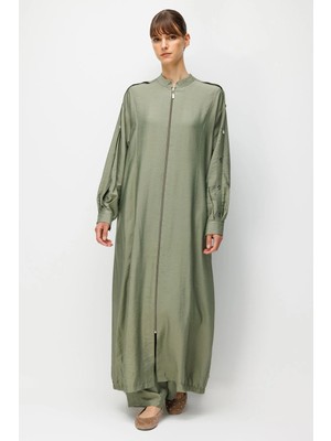 Micca Goldy %85 Lyocell Soft Kumaştan Aller Kol ve Düğme Detaylı Zamansız Kap Ferace-Haki