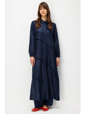 Micca Fenix Özel Desen Soft Kumaş Paralel Büzgü Garni Zamansız Maxi Tunik Elbise-Laci