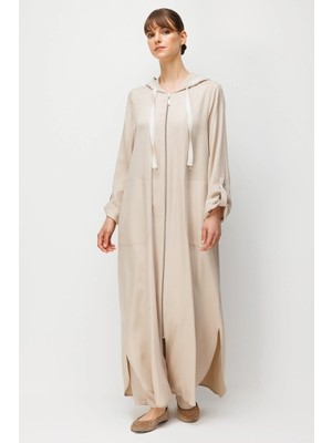 Micca %100 Doğal Lyocell Maxi Dökümlü Soft Kumaş Spor Garni Detaylı Kap Ferace-Taş