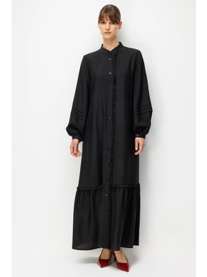 Micca Goldy %85 Lyocell Soft Kumaştan Büzgü Detaylı Zamansız Maxi Tunik Elbilse-Siyah