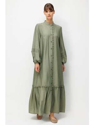 Micca Goldy %85 Lyocell Soft Kumaştan Büzgü Detaylı Zamansız Maxi Tunik Elbilse-Haki