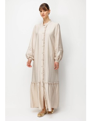 Micca Goldy %85 Lyocell Soft Kumaştan Büzgü Detaylı Zamansız Maxi Tunik Elbilse-Taş