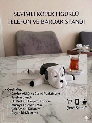 Alse 3D Sevimli Köpek Figürlü 2'si 1 Arada Telefon Standı ve Bardak Altlığı - 3D Tasarım