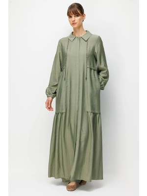 Micca Goldy %85 Lyocell Soft Kumaştan Yaka Zincir Aksesuarlı Zamansız Maxi Tunik-Elbise-Haki