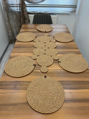 Senza Atelier Balon Model Jüt Runner Takımı - 6 Kişilik Supla ve Geometrik Tasarım Hasır Masa Seti -