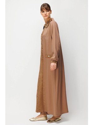 Micca %100 Doğal Lyocell Maxi Dökümlü Soft Kumaş ve Desen Geçişli Ferace-Kahve
