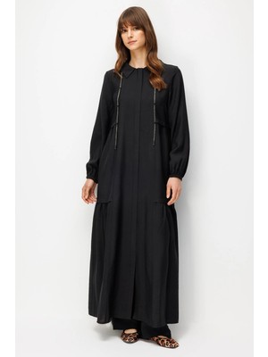 Micca Goldy %85 Lyocell Soft Kumaştan Yaka Zincir Aksesuarlı Zamansız Maxi Tunik-Elbise-Siyah