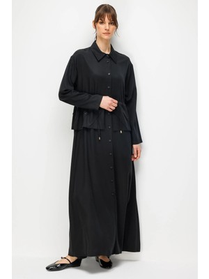 Micca %100 Doğal Lyocell Maxi Dökümlü Soft Kumaş Elişi Desen Nervür ve Taş Işlemeli Maxi Elbise Ferace-Siyah
