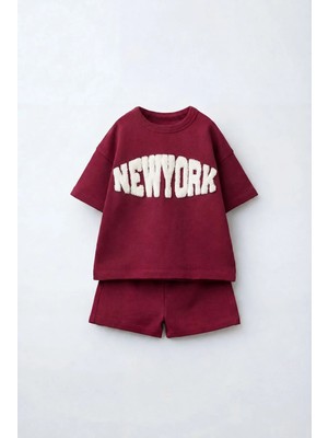 Magu Çocuk Pamuklu Bordo New York Yazı Aplikeli T-Shirt Şort Takım