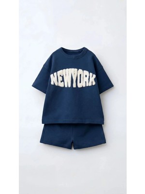 Magu Erkek Çocuk Pamuklu Mavi New York Yazı Aplikeli T-Shirt Şort Takım
