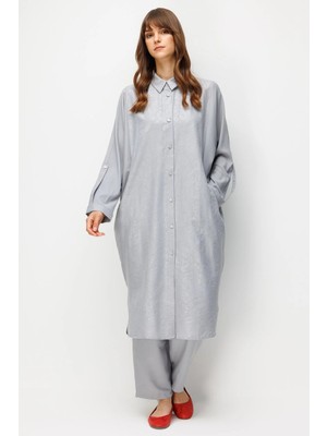Micca Floral Özel Desen Soft Kumaş ve Yan Bant Detaylı Ipekçe Garni Zamansız Maxi Tunik-Gri