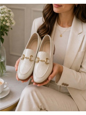 Ayakcity Mona Garantili Metal Tokalı Deri Kadın Loafer Günlük Ayakkabı - Krem Rugan - 39