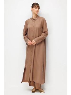 Micca %100 Doğal Lyocel Dökümlü Soft Hissiyat Aller Arka Pelerin Maxi Tunik-Kahve
