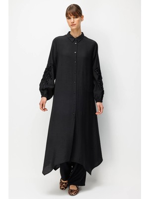 Micca Goldy %85 Lyocell Soft Kumaştan Kol El Işi Işleme Detaylı Zamansız Maxi Tunik Kap-Siyah