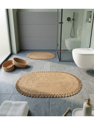 Senza Atelier Bohem Lüks Hasır Banyo Seti - Jüt Örgü Kaymaz Paspas ve Saklama Sepeti - 4 Parça Banyo Aksesuar Seti
