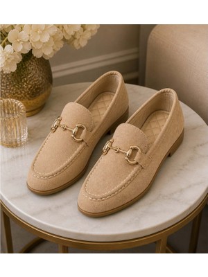 Ayakcity Mona Garantili Metal Tokalı Deri Kadın Loafer Günlük Ayakkabı - Taba Süet - 40