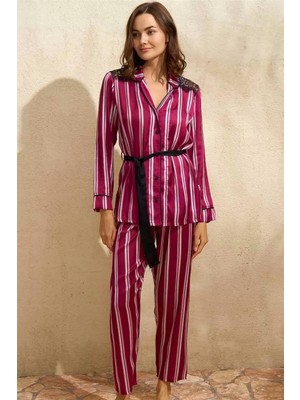 Marsilyan- Saten Çizgili Düğmeli Uzun Kol Dantelli Gömlek ve Pantolon Pijama Takım (9765)