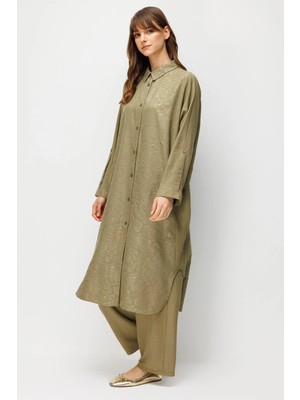 Micca Floral Özel Desen Soft Kumaş ve Yan Bant Detaylı Ipekçe Garni Zamansız Maxi Tunik-Haki