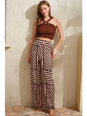 Marsilyan- Boyundan Bağlamalı Çizgili Yazlık Uzun Ip Detaylı Pijama Takımı