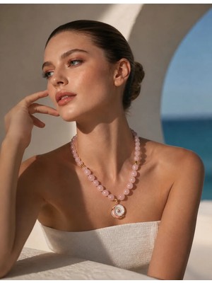 Solare Accessories Pembe Kuvars Doğal Taşlı Shiva Kabuğu Uçlu Tasarım Kolye | El Yapımı Doğal Taş Kolye
