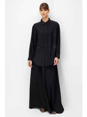 Micca Goldy %85 Lyocell Soft Kumaştan El Işi Işleme Detaylı Zamansız Tunik-Etek Kombin Takım-Siyah