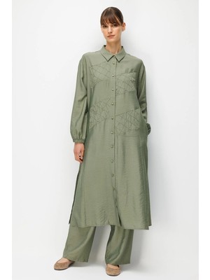 Micca Goldy %85 Lyocell Soft Kumaştan Elişi Nakış Detaylı Zamansız Pantalonlu Takım-Haki