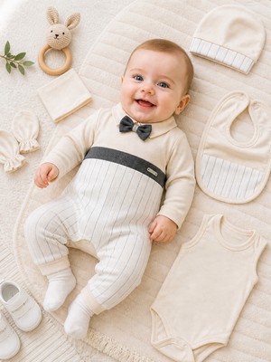 Ozz Baby Yenidoğan &bebek Papyonlu Çizğili Battaniyeli 7 Parça Hastane Çıkışı Zıbın Seti
